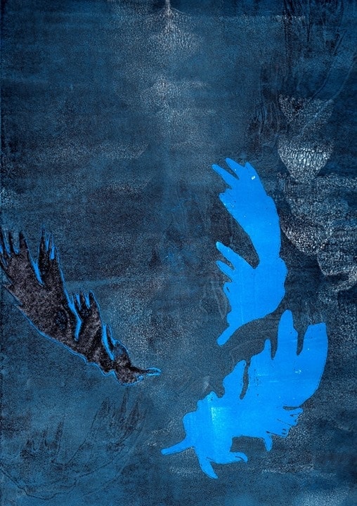 Image of blue feathers exhibited at the event Artbox in Sushi Restaurant Sushiya Munich