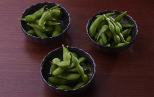 Always popular and easy to snack on: edamame, Japanese soybean pods.